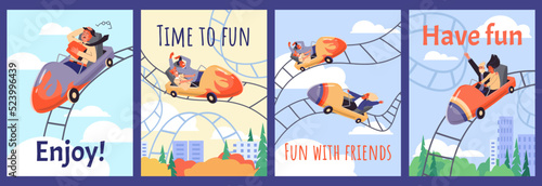 People riding rollercoaster in amusement park, posters template - flat vector illustration.