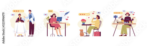Food critic and blogger, people tasting cuisines in restaurants - set of flat vector illustration isolated on white.