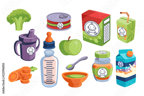 Various baby food and products cartoon illustration set. Fruits, vegetables, bowl of soup, pack of juice, milk and porridge, jar of baby puree and feeding bottle. Complementary food, nutrition concept