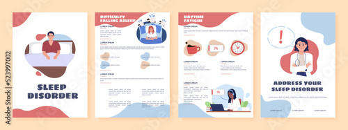 Sleep disorder flat vector brochure template. Booklet, leaflet printable flat color designs. Editable magazine page, reports kit with text space. Sigmar One, Balsamiq Sans, Comfortaa fonts used
