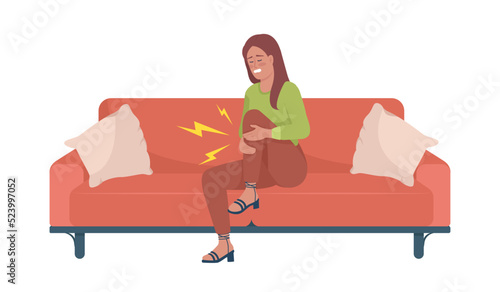 Woman with injured knee semi flat color vector character. Leg pain problem. Editable figure. Full body person on white. Simple cartoon style illustration for web graphic design and animation