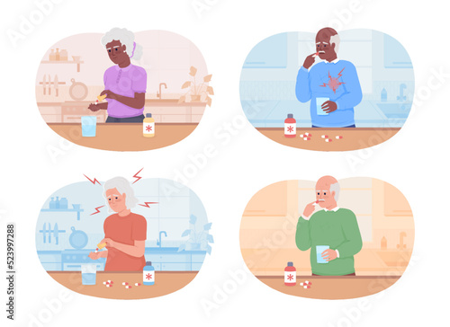 Medication for elderly patients 2D vector isolated illustrations set. Pharmaceutical supplement flat characters on cartoon background. Colourful editable scenes for mobile, website, presentation pack