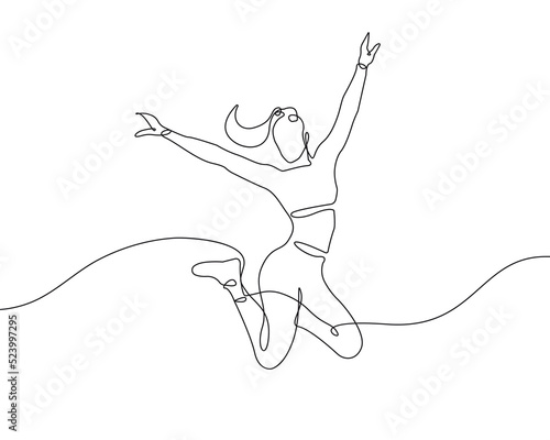 Happy Woman Continuous Line Drawing. Jumping Woman One Line Abstract Illustration. Vector EPS 10