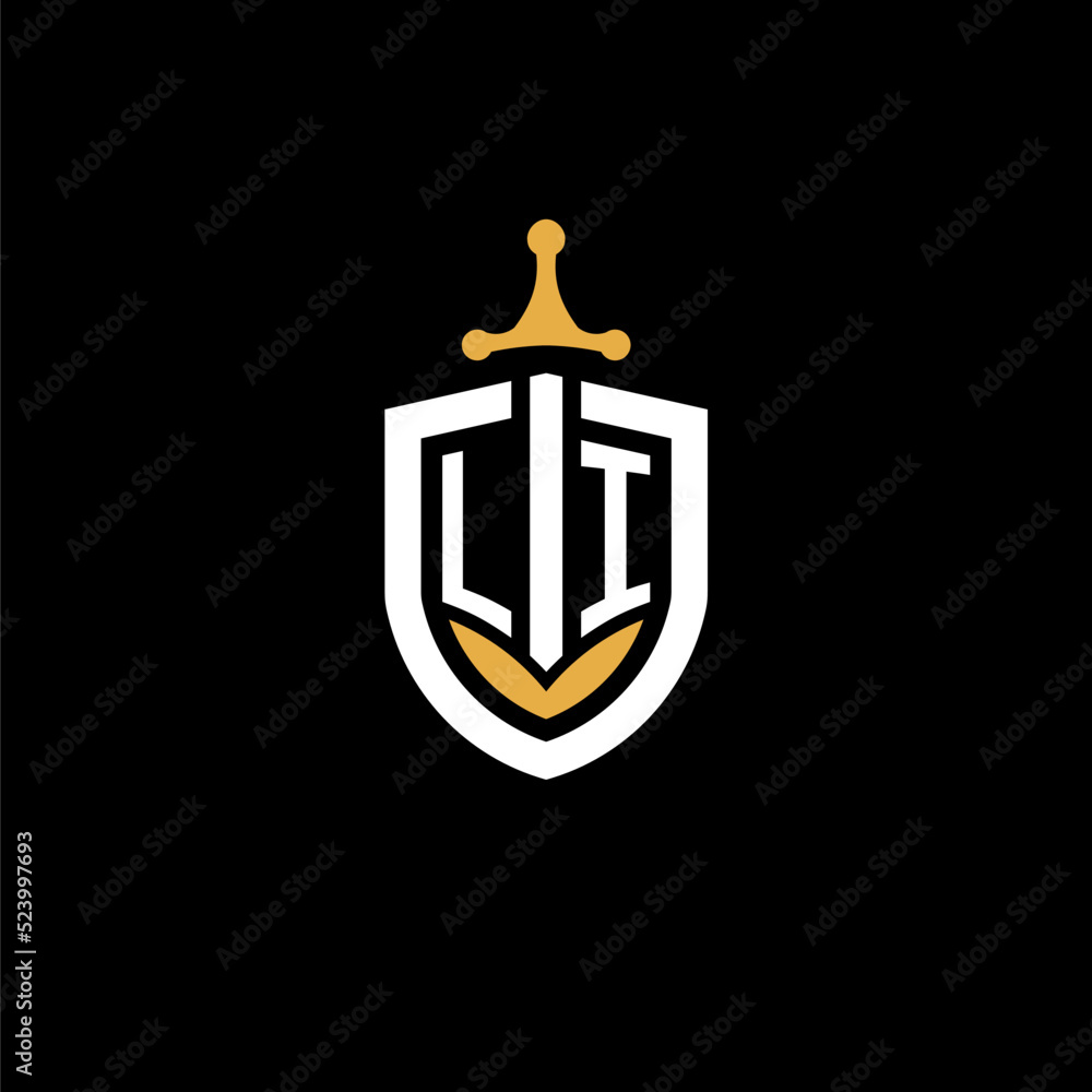 Creative letter LI logo gaming esport with shield and sword design ideas - obrazy, fototapety, plakaty 