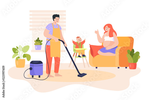 Dad cleaning house while pregnant wife playing with kid. Father vacuuming, expecting mother sitting on couch and talking with little son flat vector illustration. Family, housework, help concept