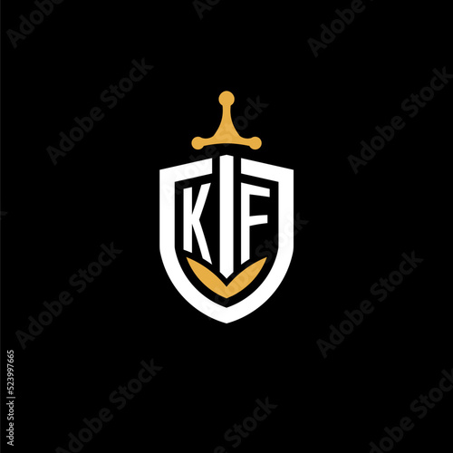 Creative letter KF logo gaming esport with shield and sword design ideas photo