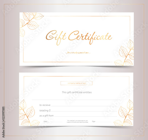 Gift voucher for beauty salon, shop, spa with hand-drawn tree leaves. White and gold elegant gift certificate. Fully editable.