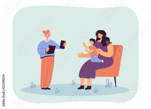 Girl taking photo of mother sitting on chair with son. Woman and baby at pediatrician appointment flat vector illustration. Motherhood, family, medicine concept for banner or landing web page