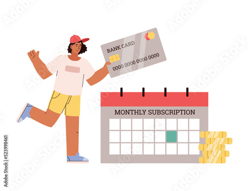 Curly woman in cap holding bank card to pay for monthly subscription flat style