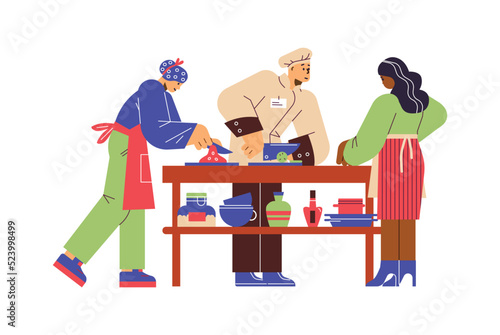 Women studying at culinary school, cooking class with professional chef - flat vector illustration isolated on white.