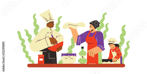 Cooking class with professional chef, woman and child making dough - flat vector illustration isolated on white.