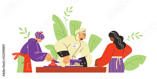 Women cooking with chef at culinary school flat style, vector illustration