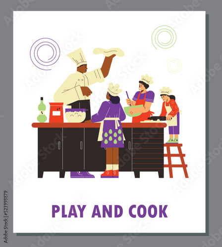 Cooking master class or culinary workshop for children flat vector illustration.
