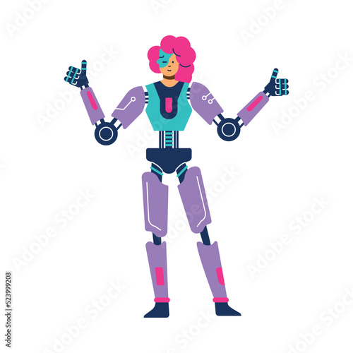Woman cyborg character, artificial body, legs and hands flat style