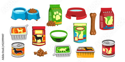 Various pet food cartoon illustration set. Packages of dry and wet canine and feline food. Bowl of milk and water for dog or cat. Pet shop, domestic animal, care concept