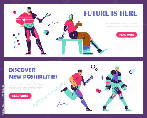 Futuristic cyborg or humanoid web banners set, flat vector illustration.