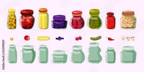 Empty and full pickled products jars cartoon illustration set. Peas, pepper, mushrooms, corn, berries and olives in glass cans. Canning, conserve, grocery, tinned or preserved food concept