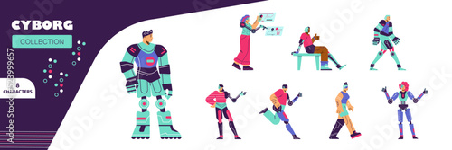 Cyborg characters collection, humanoids with implants and prosthesis - flat vector illustration isolated on white.