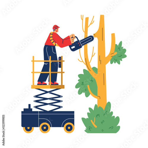 Man on aerial platform sawing tree with chainsaw, flat vector illustration isolated on white background.
