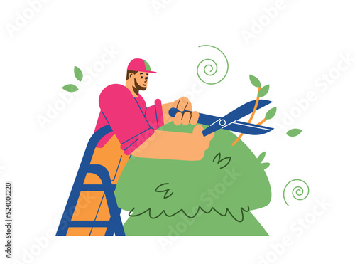 Man trimming tree with shears or garden scissors, flat vector illustration isolated on white background.