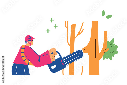 Tree trimming or garden arborist service flat vector illustration isolated.