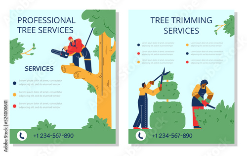 Professional tree trimming services advertising leaflet, flat vector illustration.