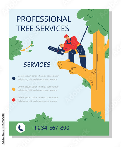 Poster about professional tree services flat style, vector illustration