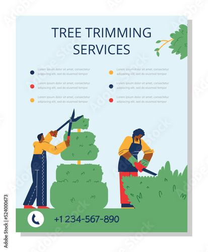 Tree trimming and pruning services banner or leaflet, flat vector illustration.