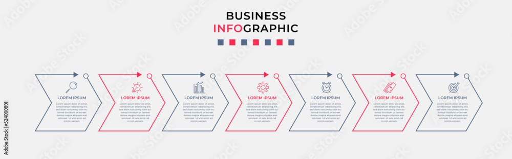 Business Infographic design template Vector with icons and 7 options or steps. Can be used for process diagram, presentations, workflow layout, banner, flow chart, info graph