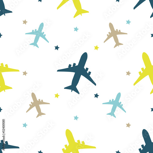 Kids seamless pattern with airplanes and stars colorful. White background. Baby pattern.
