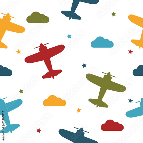 Kids seamless pattern with airplanes, stars and clouds colorful. White background. Baby pattern.