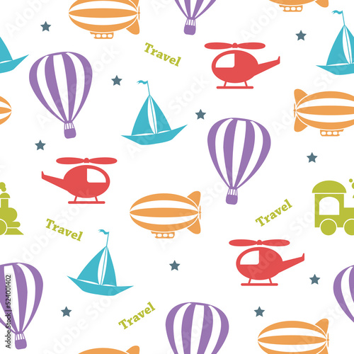 Seamless vector bright pattern for kids. Cartoon transport.