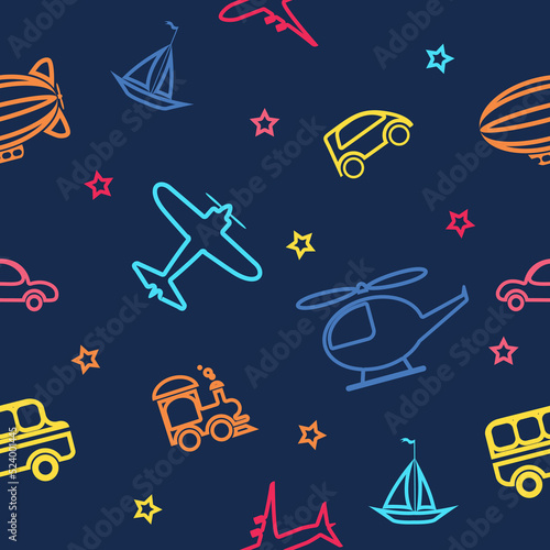 Seamless vector pattern with bus, helicopter, machine, airplane, locomotive, boat, zeppelin and stars. Baby background.