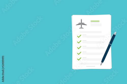 Flight insurance document. Airlines risk safety assurance agreement, checklist. Airplane travel coverage protection.