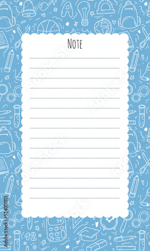 Note list template for planner, to do list, bullet journal content. White blank page on blue background with school elements in doodle style