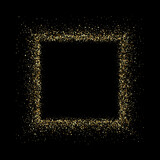 Square frame with gold glitter. Vector gold dust isolated on black background. Template for postcards, wedding invitations, holiday posters and flyers.