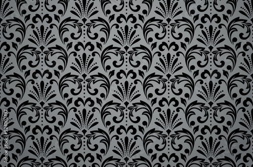 Floral pattern. Vintage wallpaper in the Baroque style. Seamless vector background. Black and gray ornament for fabric, wallpaper, packaging. Ornate Damask flower ornament