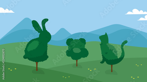 Bushes trimmed in the form of a hare, a bear cub and a cat