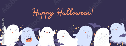 Cute Halloween banner with happy ghosts. Helloween holiday night background design with spooks, boo characters, phantoms for funny spooky October party. Childrens colored flat vector illustration