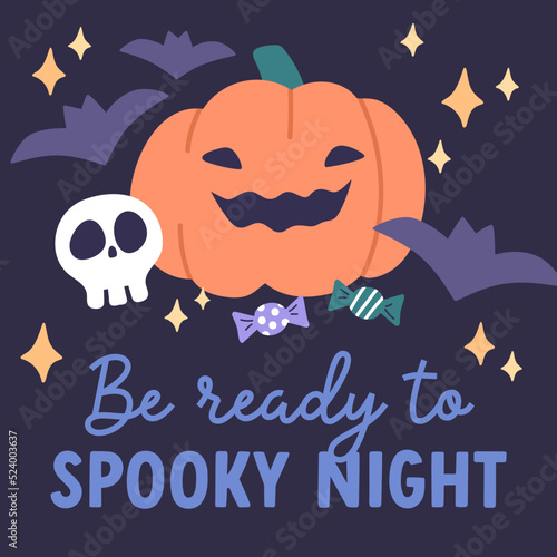 Halloween card design with holiday pumpkin, carved jack face, treats, candies...