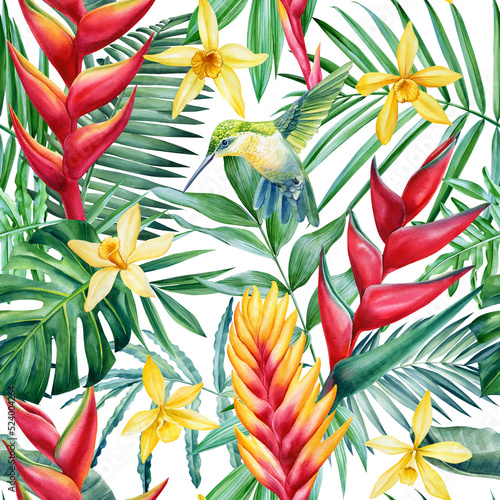 Hummingbird and tropical flower, seamless pattern, watercolor illustration, jungle design © Hanna