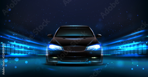 3d realistic vector background. Racing car in the night with street lights.