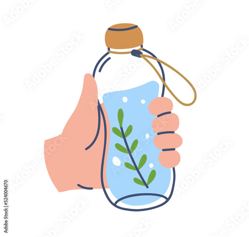 Recycled water bottle in hand. Holding detox aqua drink with rosemary. Healthy summer lemonade, infused beverage with green leaf. Colored flat vector illustration isolated on white background