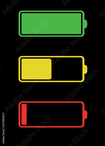 Battery icons. Charging process. Low, medium and high battery level.
