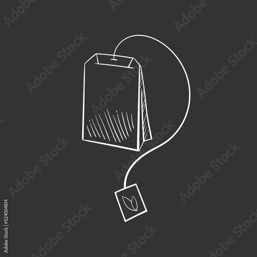 Tea bag in doodle style, vector illustration. Icon teabag for print and design. Isolated element on chalk board background, hand drawn sketch. Organic food and drink concept