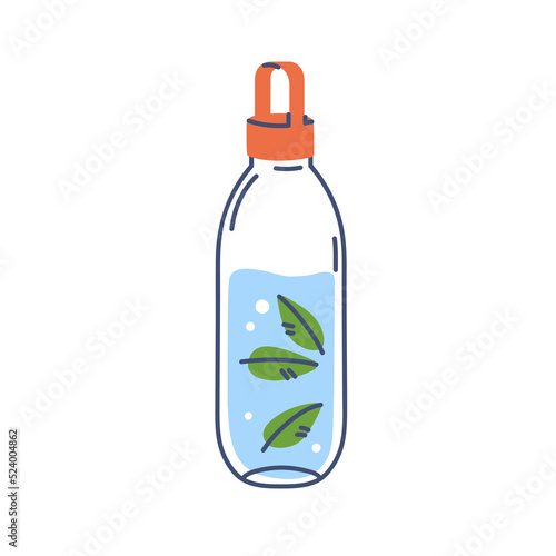 Recycled bottle with fresh water infused with mint flavor. Detox refreshing soda drink with peppermint leaf, aqua. Healthy aromatic beverage. Flat vector illustration isolated on white background
