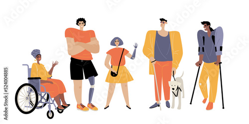 A group of people with disabilities and special needs. Positive men, woman and child with prostheses, crutches, in a wheelchair and blind.