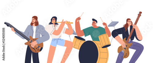 Music band playing instruments. Rock group with men, women musicians performing on guitar, drum, flute. Modern instrumentalists team performance. Flat vector illustration isolated on white background