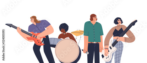 Music band playing instruments. Musicians group performing on guitar, drum. Multiethnic people artists, vocalist and instrumentalists. Flat graphic vector illustration isolated on white background