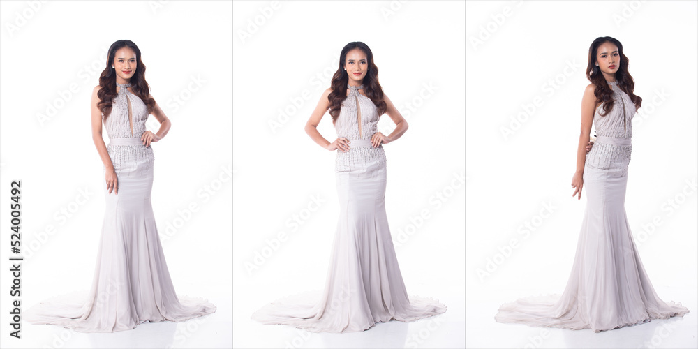 Collage Group Full length Figure of 20s Asian Woman black hair long evening gown and high heel shoes. Female stands and pose confident beautiful over white Background isolated Collage Group Full length Figure of 20s Asian Woman black hair long evening gown and high heel shoes. Female stands and pose confident beautiful over white Background isolated